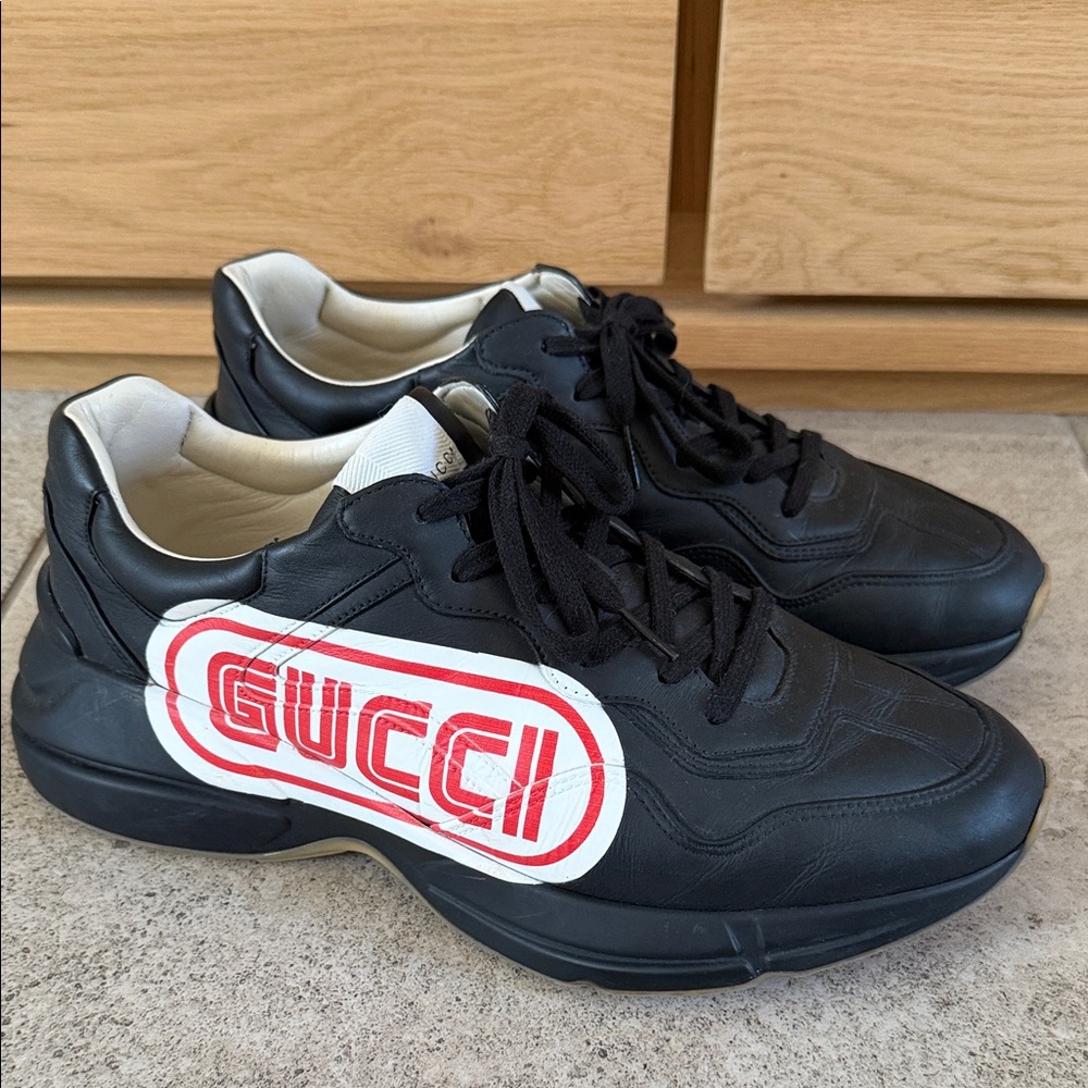 Gucci Black Leather Sneakers with White and Red Logo Patch - Picture 7 of 7